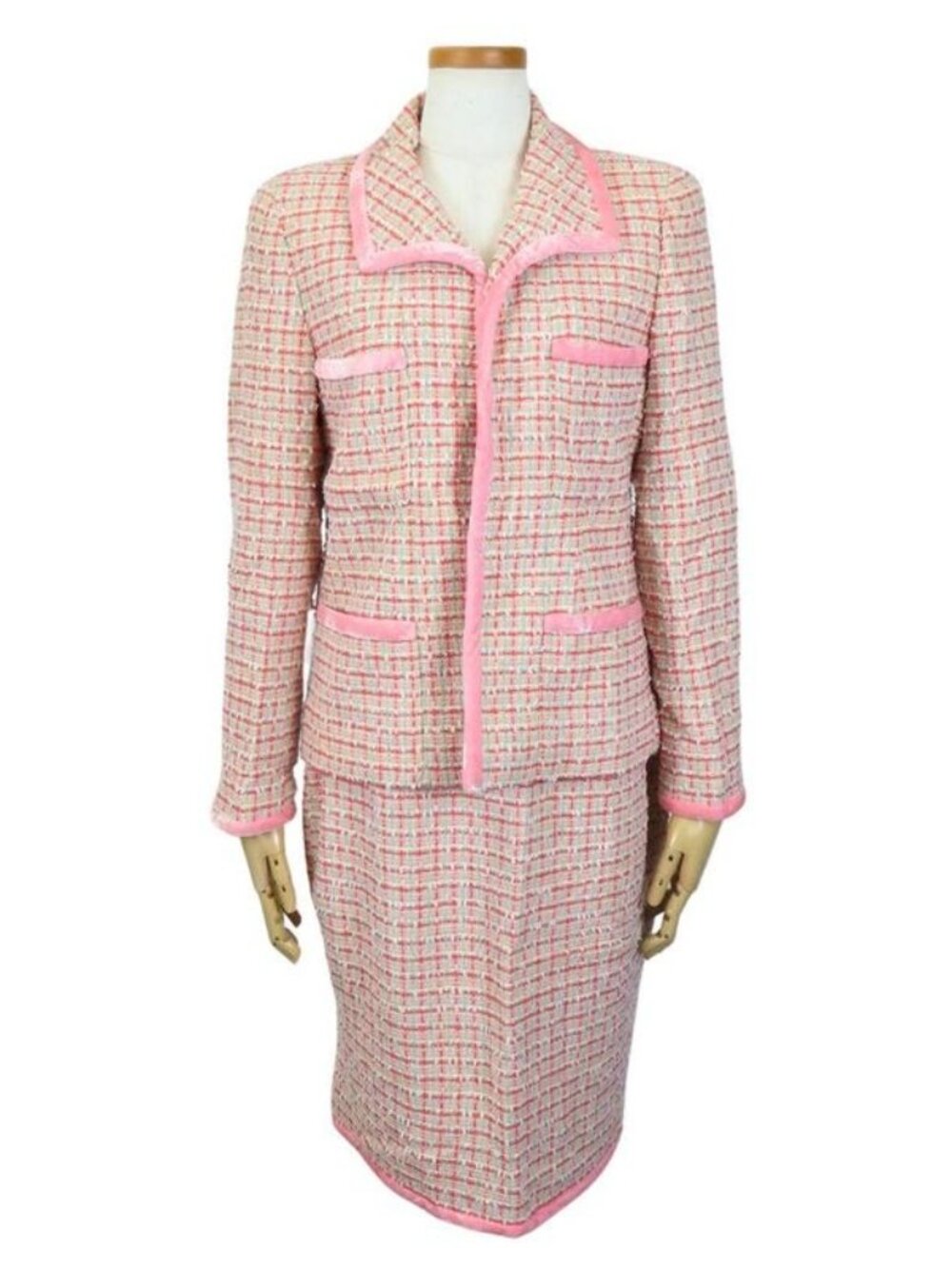 Chanel Set Up 38 Wool Cotton Nylon Pink Red Multicolor Tweed Coco Button